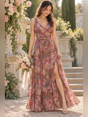 DB Studio Metallic Floral A-Line Maxi Dress Size 12 Pink Gold Wedding Guest Form